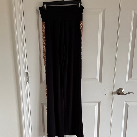 Julian Chang Mixed Media Black Pull On Pants Gold Sequin Side Stripe Small - Picture 6 of 10